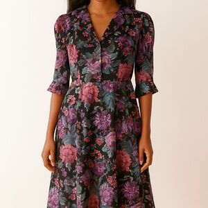 SIZE‎ S-M Vintage 1970s Dark Floral Shirt Dress Tapestry Whimsigoth